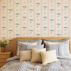 Carta da parati staccabile e attaccabile con strisce rosa e fiocco blu stile country francese - Carta da parati per camerette e asili nido ispirata alla fattoria