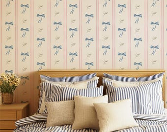Pink Stripe & Blue Bow Wallpaper - French Country Nursery Decor