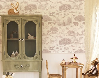 Woodland Toile Farmhouse Wallpaper - Modern Taupe Gray Peel and Stick Self-adhesive Wallpaper - Forest/Animals