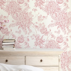 Pink Toile Peel and Stick Wallpaper Ivory and Pink Big Flower Vintage