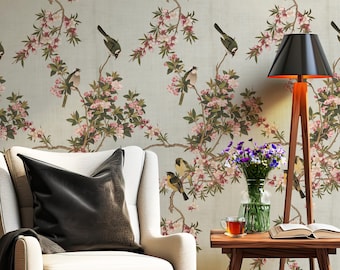 Pink Chinoiserie Bird and Flower Peel and Stick Wallpaper