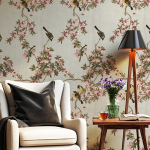 Chinoiserie Peel and Stick Wallpaper - Pink and Blue French Country Wallpaper - Vintage Bird and Flower Self-adhesive Wallpaper