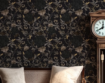 Gothic Wallpaper - Black and Gold Self Adhesive Wallpaper - Dark Moody Floral Peel and Stick Wallpaper  - Black/Gold/Gray