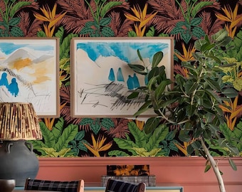 Tropical Botanic Plants Peel and Stick Wallpaper - Dark Moody Wallpaper - Rusty and Green Plants Self-adhesive Wallpaper