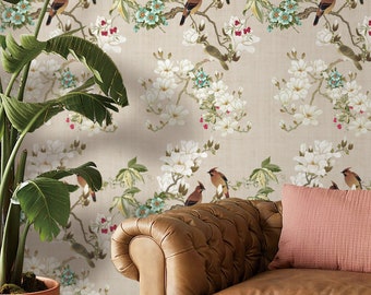 Birds and White Flowers Chinoiserie Style Peel and Stick Wallpaper - Vintage Shabby Chic Wallpaper - French Country Wallpaper