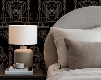 Art-Deco-Löwen-Tapete - Schwarz und Gold Geometrisches Schälen und Kleben