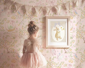 Whimsical Pink Bellerina Nursery Wallpaper: Featuring White Swan and Cottage Animal, Ideal for Baby Girl Room, Baby Shower Decor