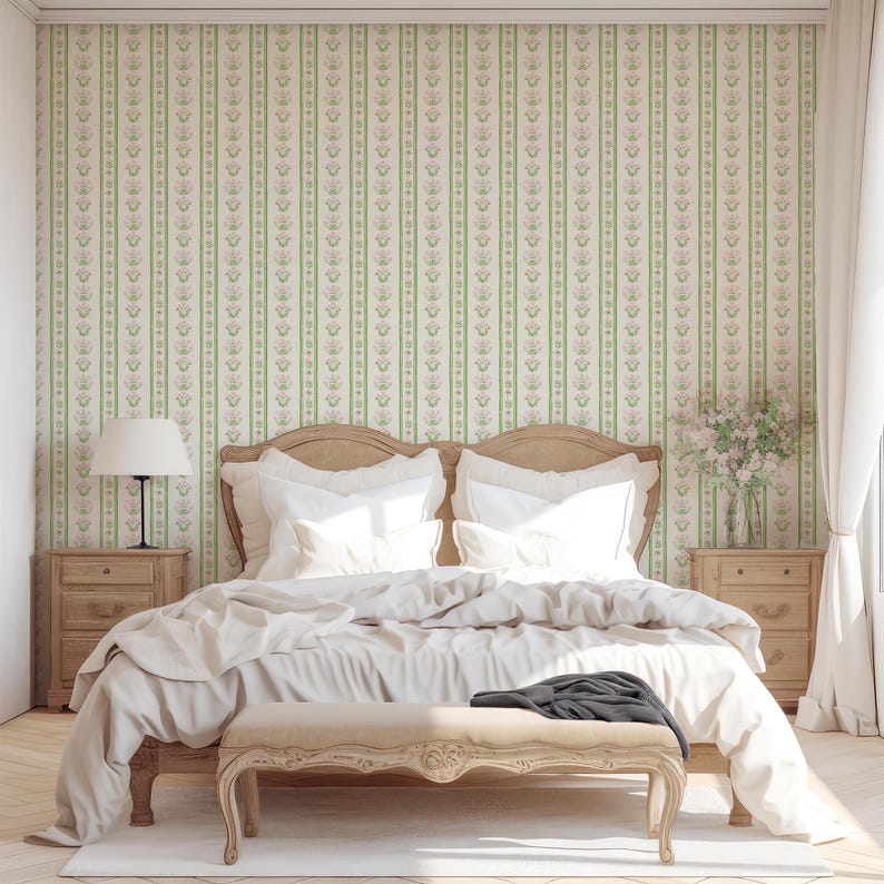 May include: A white bed with a wooden headboard and footboard, white bedding, and a black throw blanket. The bed is in a room with green and white striped wallpaper and wooden bedside tables.