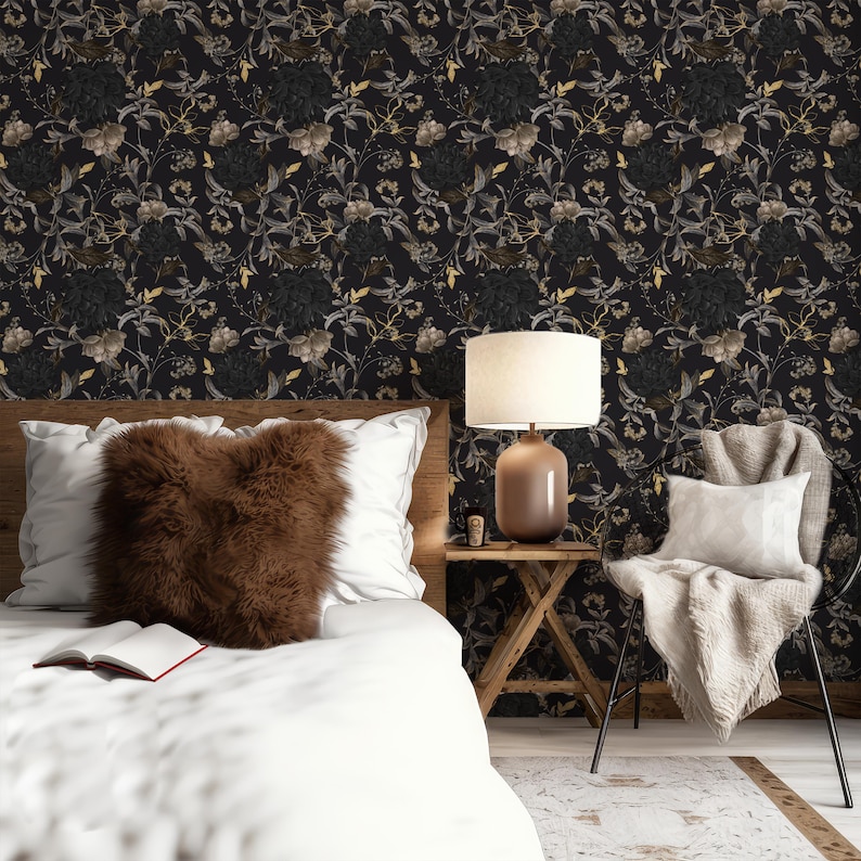 Gothic Wallpaper Black and Gold Self Adhesive Wallpaper Dark Moody Floral Peel and Stick Wallpaper Black/Gold/Gray zdjęcie 4