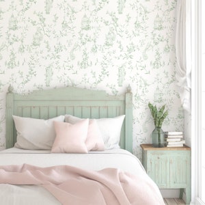 Carta da parati Green Toile Farmhouse - Carta da parati autoadesiva staccabile e attaccabile verde e bianco stile country francese - Uccelli/fiori/giardino
