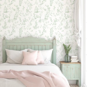 Green Toile Farmhouse Wallpaper - Vintage French Country Green and White Peel and Stick Self-adhesive Wallpaper - Birds/Flower/Garden