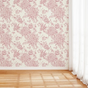 Pink Toile Peel and Stick Wallpaper Ivory and Pink Big Flower Vintage