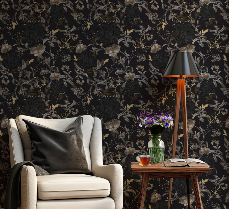 Gothic Wallpaper Black and Gold Self Adhesive Wallpaper Dark Moody Floral Peel and Stick Wallpaper Black/Gold/Gray zdjęcie 3