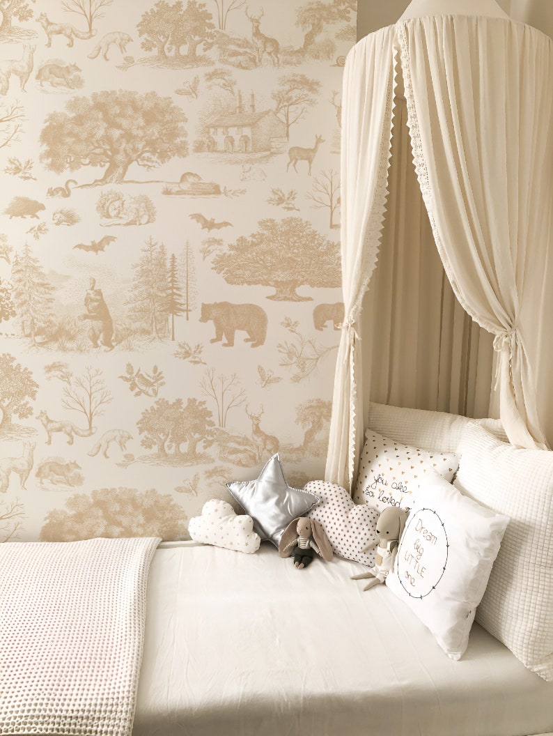 Woodland Toile Farmhouse Wallpaper Beige Neutral Cottage Peel and Stick Self-adhesive Wallpaper Animals/Trees/Bears/ image 4