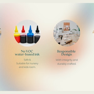 May include: Image showcasing product features: PVC-free material, no VOC water-based ink, responsible design, and length customization. The image includes a roll of paper, ink bottles, a workspace, and a package. Text highlights the product's sustainable and safe qualities.