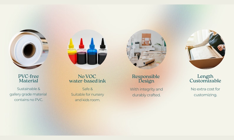May include: Image showcasing product features: PVC-free material, no VOC water-based ink, responsible design, and length customization. The image includes a roll of paper, ink bottles, a workspace, and a package. Text highlights the product's sustainable and safe qualities.