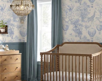 Safari Animal Blue and White Peel and Stick Self-adhesive Wallpaper for Nursery and Kids Room