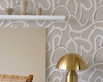 Geometric White Lines Peel and Stick Wallpaper: Non-Woven Abstract Beige