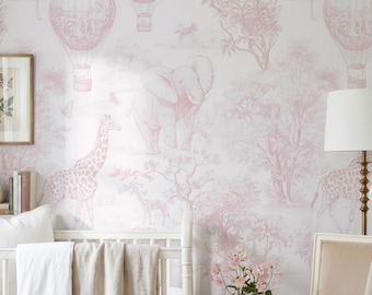 Pink Toile Wallpaper - Safari Animal Peel and Stick Self-adhesive Wallpaper for Nursery and Girls Room