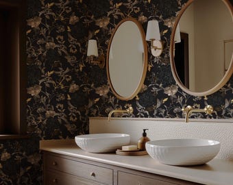 Gothic Wallpaper - Black and Gold Self Adhesive Wallpaper - Dark Moody Floral Peel and Stick Wallpaper  - Black/Gold/Gray