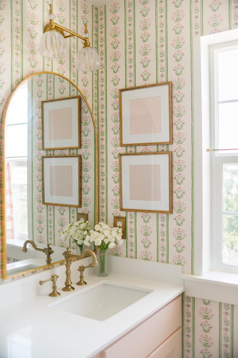 Farmhouse Botanical Stripe Wallpaper: Green & Pink Floral Peel and Stick image 2