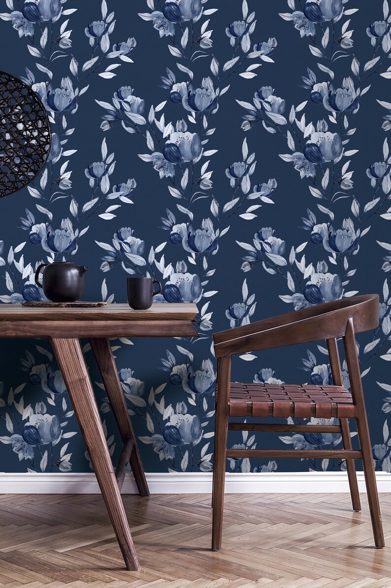 Indigo Blue Watercolor Flowers Removable Wallpaper Dark Blue Peel and