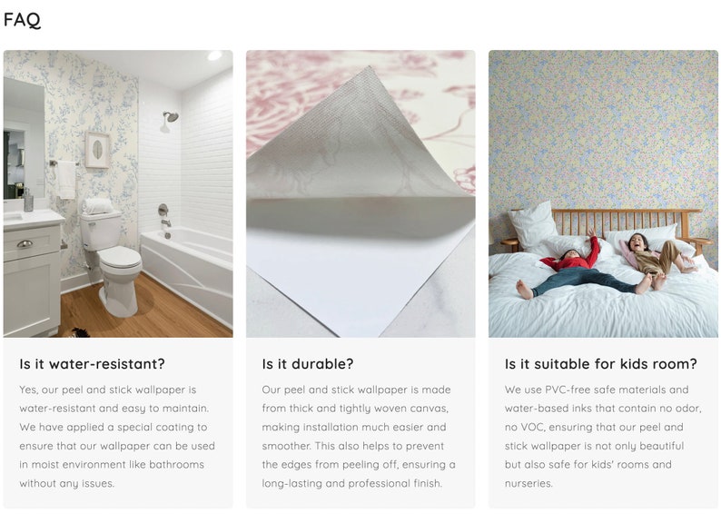 K&ouml;nnte beinhalten: Drei Bilder, die die Eigenschaften von abziehbarem und wiederverwendbarem Tapeten zeigen. Das erste Bild zeigt ein Badezimmer mit der Tapete an der Wand. Das zweite Bild zeigt eine Nahaufnahme des Tapetenmaterials. Das dritte Bild zeigt ein Schlafzimmer mit der Tapete an der Wand. Der Text unter jedem Bild beschreibt die Eigenschaften der Tapete, einschlie&szlig;lich Wasserbest&auml;ndigkeit, Haltbarkeit und Eignung f&uuml;r Kinderzimmer.