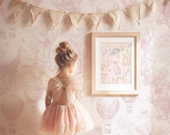 Pink Toile Wallpaper - Safari Animal Peel and Stick Self-adhesive Wallpaper for Nursery and Girls Room