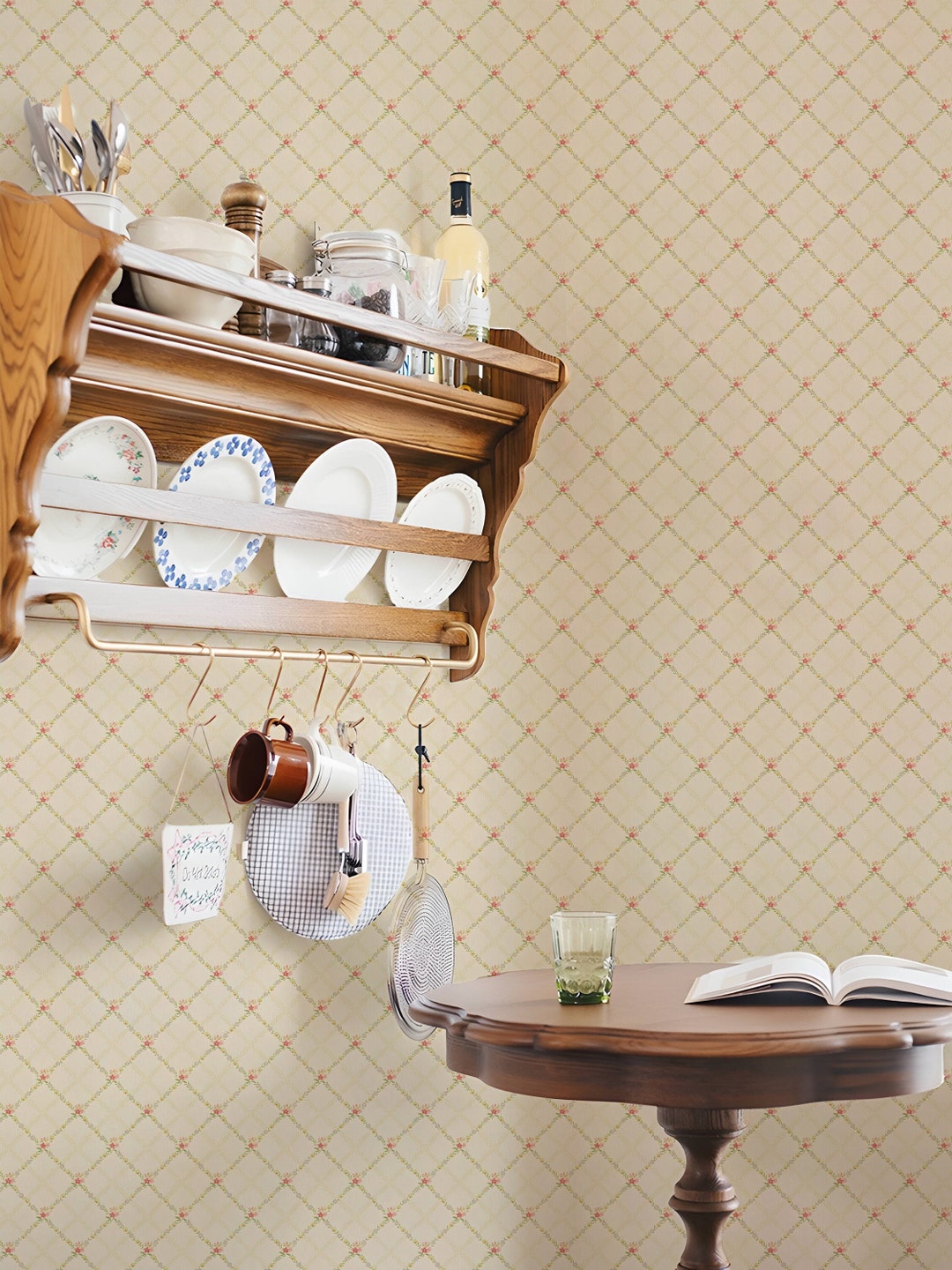 Farmhouse Peel and Stick Wallpaper Vintage Floral Plaid Neutral Beige French Country Wallpaper