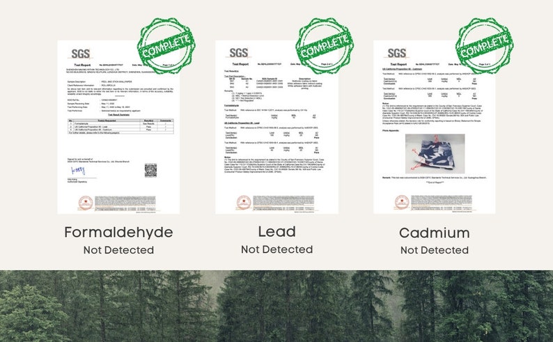 K&ouml;nnte beinhalten: Drei SGS-Pr&uuml;fberichte mit "COMPLETE"-Stempeln, die zeigen, dass das Produkt auf Formaldehyd, Blei und Cadmium gepr&uuml;ft wurde und nicht nachgewiesen wurde.