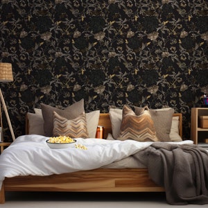 Gothic Wallpaper Black and Gold Self Adhesive Wallpaper Dark Moody Floral Peel and Stick Wallpaper Black/Gold/Gray zdjęcie 2