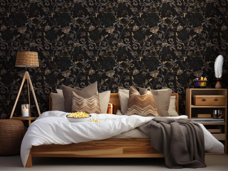 Gothic Wallpaper Black and Gold Self Adhesive Wallpaper Dark Moody Floral Peel and Stick Wallpaper Black/Gold/Gray zdjęcie 2