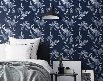 Indigo Blue Watercolor Flowers Removable Wallpaper - Dark Blue Peel and Stick Wallpaper - Blue and White