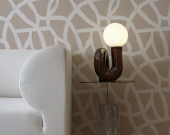 Abstract Geometric Peel and Stick Wallpaper: Beige & White Curving Lines