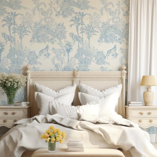 Blue Toile Wallpaper - Vintage Franse blauwe en witte Peel en Stick zelfklevend behang - Botanics/Jungle/Bos/Tijgers/luipaarden