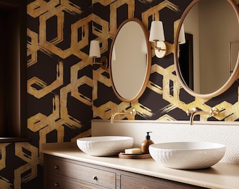 Art Deco Peel and Stick Wallpaper: Black & Gold Geometric Design