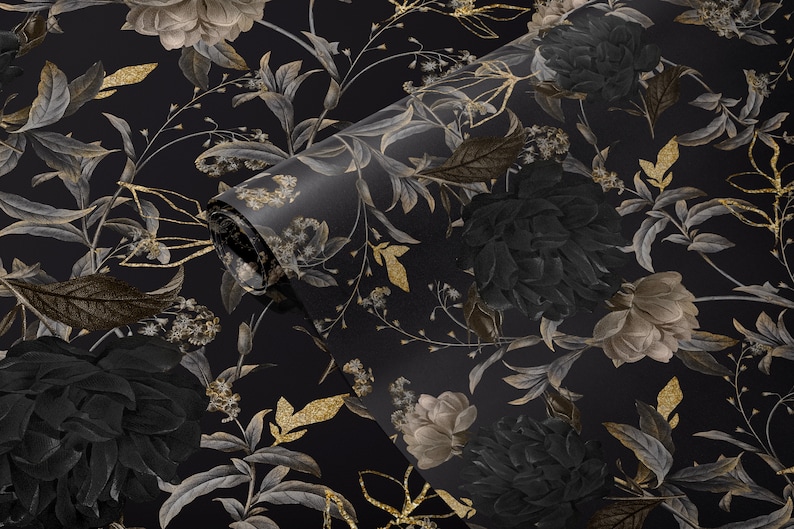 Gothic Wallpaper Black and Gold Self Adhesive Wallpaper Dark Moody Floral Peel and Stick Wallpaper Black/Gold/Gray zdjęcie 5