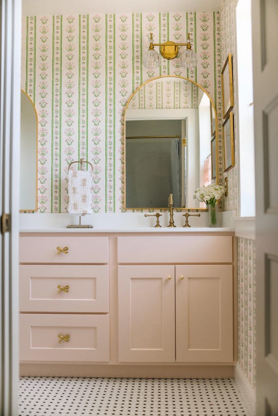 Farmhouse Botanical Stripe Wallpaper: Green & Pink Floral Peel and Stick