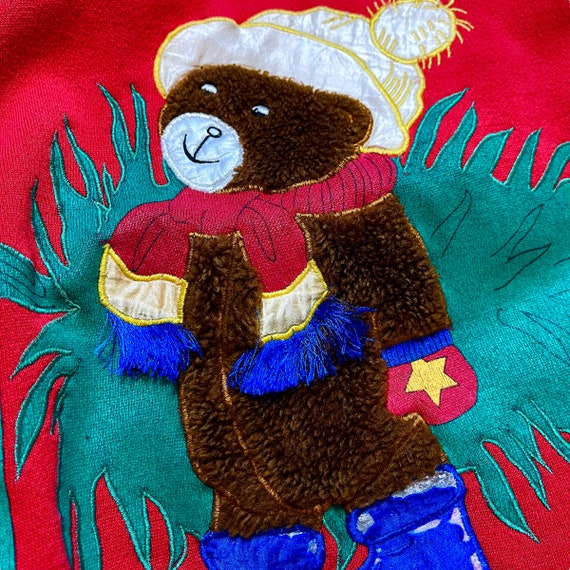 Vintage 90s Fuzzy Bear Christmas Tree Sweatshirt,… - image 4