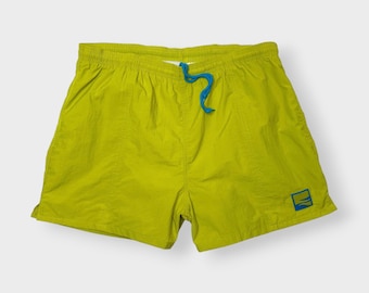 Vintage 90s Cheetah Nylon Lime Green Swim Trunks, Mesh Lined Shorts, Pockets 3.5" L