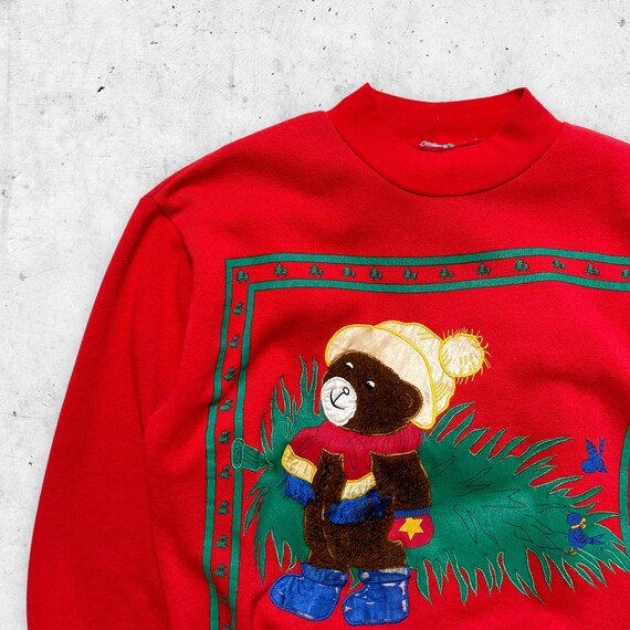 Vintage 90s Fuzzy Bear Christmas Tree Sweatshirt,… - image 2