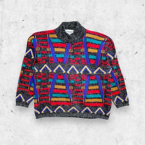 Vintage 80s Croquet Club Crazy Print Mohair Sweater, Geometric Colorful, Mock Neck