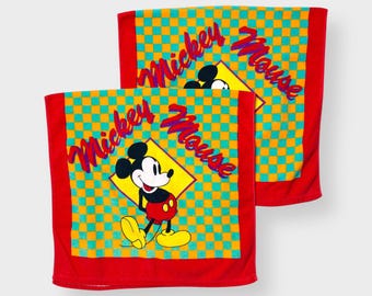 Vintage 80s 90s Disney Mickey Mouse Checkerboard Towel Lot of 2, Bath Beach