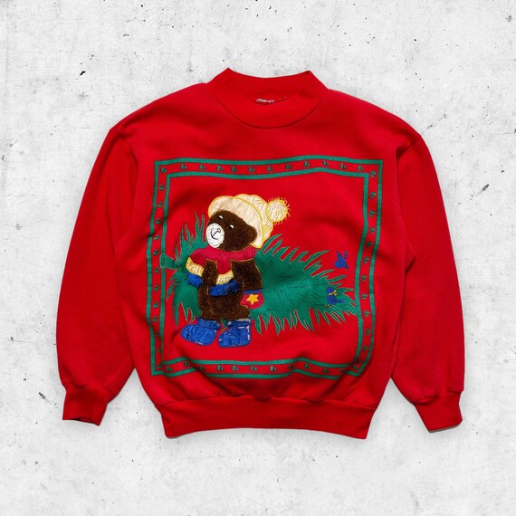 Vintage 90s Fuzzy Bear Christmas Tree Sweatshirt,… - image 1