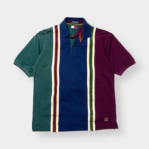 Vintage 90s Tommy Hilfiger Striped Colorblock Polo Shirt, Pique Embroidered Logo L