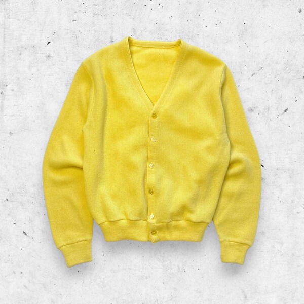 Vintage 60s 70s Pale Yellow Cardigan Sweater, Grandpa Dad, Acrylic Lightweight, Kurt