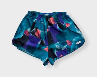 Vintage 90er Jahre Hind AOP gefütterte Laufshorts, Asics Nike Flowy Leichte Art Abstrakt
