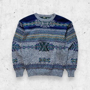 Vintage 90s Stefano Geometric Print Sweater, Acrylic, Felt Patch, Dad Grandpa, XL