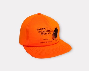 Vintage 80s Pacific Satellite Neon Orange Foam Snapback Hat, Hunting Fishing Youngan