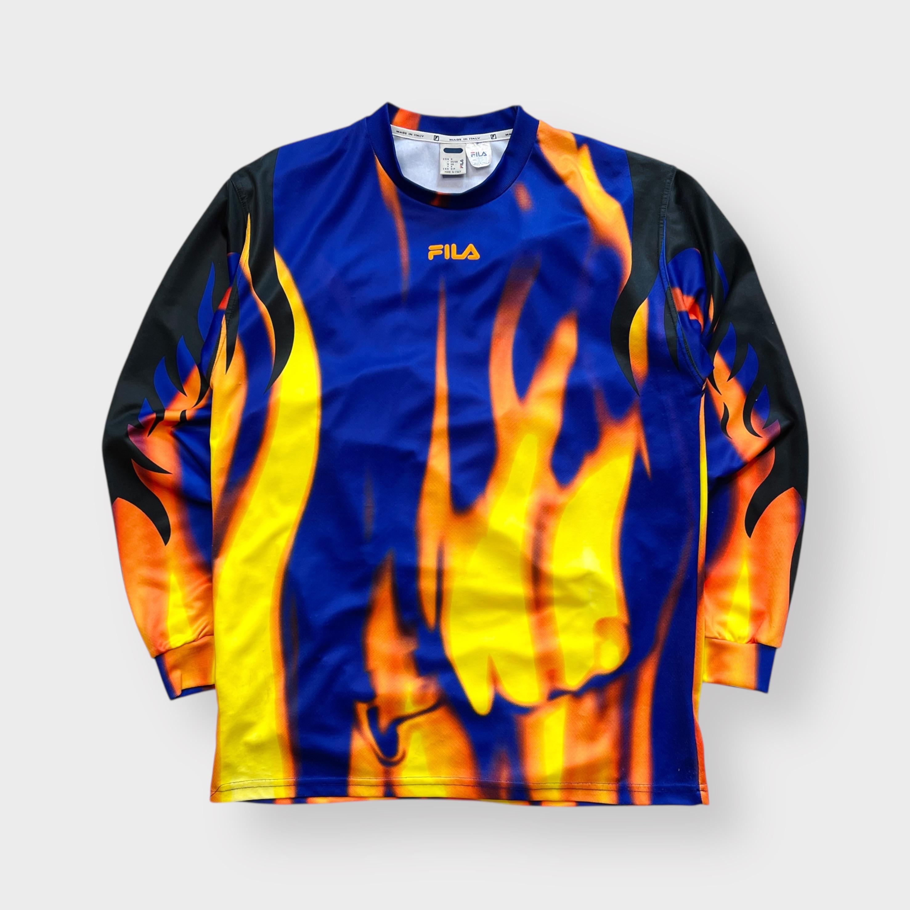 Vintage 90s Fila AOP Flame Print Jersey Shirt, Soccer Fire Goalie